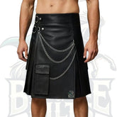 Men’s Black Leather Kilt with Chains – Gothic Punk Utility Kilt, Pleated Genuine Leather
