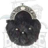 Full Dress Kilt Sporran – Black Rabbit Fur with Celtic Cantle & Domed Shield – Battle of Kilts