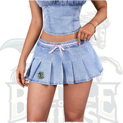 Women’s Casual Light Wash Denim Mini Skirt with Pleated Design & Ribbon Detail
