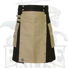 Classic Black Utility Kilt with Khaki Apron and Pockets – Premium Hybrid Scottish-Inspired Wear