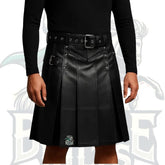 Real Leather Utility Kilt for Men – Gothic Biker Style with Pleats & Buckle Straps