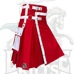 Christmas Red Utility Kilt with White Straps – Festive & Functional Scottish Kilt
