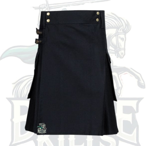 Black Utility Kilt with Flap Pockets & Buckle Strap – Functional & Stylish Scottish Kilt