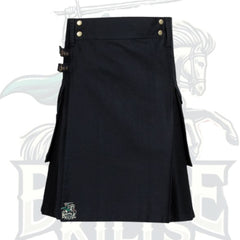 Black Utility Kilt with Flap Pockets & Buckle Strap – Functional & Stylish Scottish Kilt