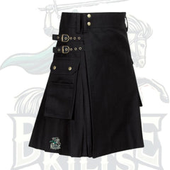 Black Utility Kilt with Flap Pockets & Buckle Strap – Functional & Stylish Scottish Kilt