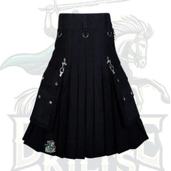 Black Gothic Utility Kilt with Chain & D-Rings – Edgy Scottish-Inspired Kilt