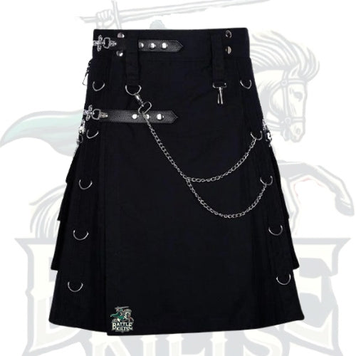 Black Gothic Utility Kilt with Chain & D-Rings – Edgy Scottish-Inspired Kilt