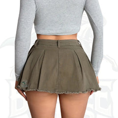Women’s Olive Green Pleated Denim Skirt