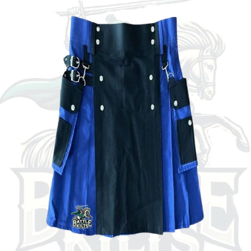Men’s Black & Blue Utility Kilt with Detachable Pockets – Premium Hybrid Scottish-Inspired Wear