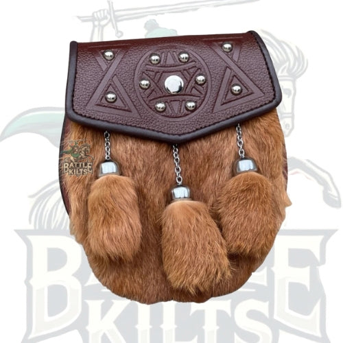 Semi Dress Kilt Brown Fur Sporran – Celtic Embossed 3 Tassels Sporran Bag by BattleOfKilts