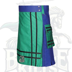 Blue and Orange Utility Kilt with Green Apron – Premium Scottish-Inspired Hybrid Wear