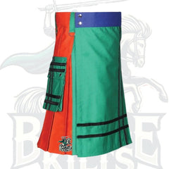Blue and Orange Utility Kilt with Green Apron – Premium Scottish-Inspired Hybrid Wear