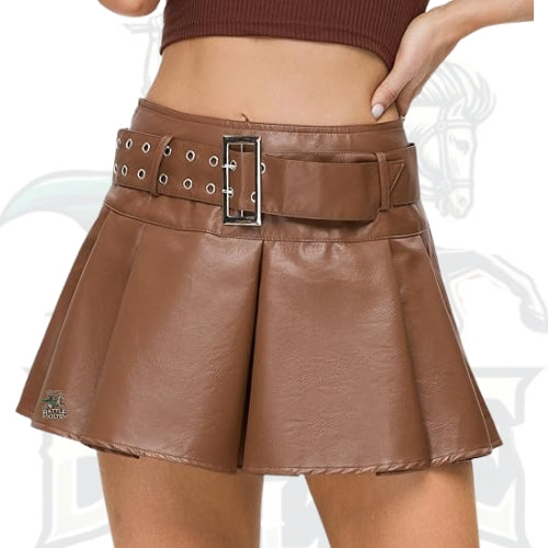 Buckle Belted High-Waisted Pleated Flare PU Faux Leather Short Goth Skirt for Women