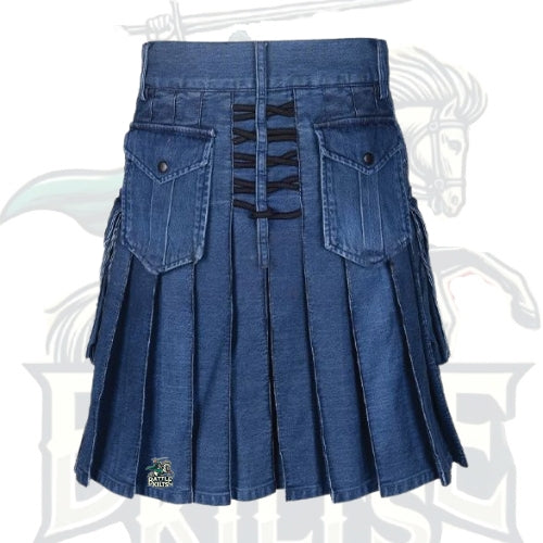 Fashion Blue Denim Kilt with Studs – Modern Statement Wear
