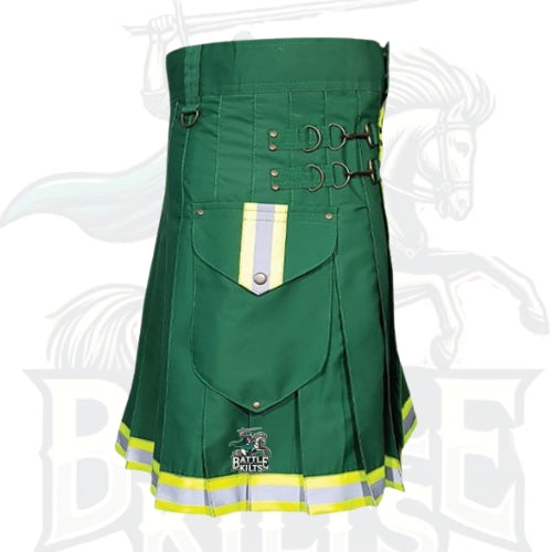 Green Firefighter Utility Kilt – Men’s Firefighter Kilt with Cargo Pockets & Reflective Stripes