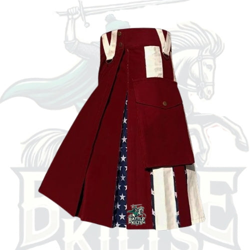 Maroon and USA Flag Hybrid Kilt – Handmade American Flag Utility Kilt