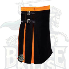Black & Orange Pleated Hybrid Kilt – Bold Scottish-Inspired Utility Wear