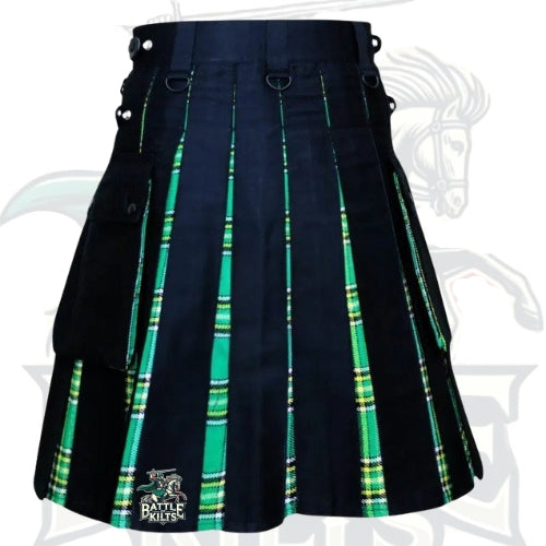Scottish Handmade Hybrid Utility Black Cotton & Irish Green Tartan Kilt for Men – Tradition Meets Modern Craft by BattleOfKilts