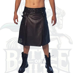 Black Leather Utility Kilt for Men – Handmade Gothic Festival Skirt with Pockets & Buckle Straps