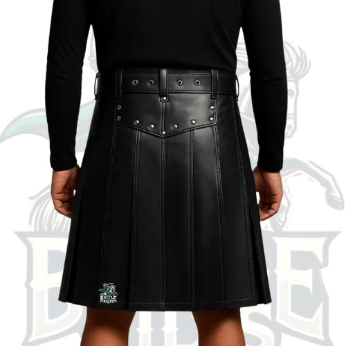 Real Leather Utility Kilt for Men – Gothic Biker Style with Pleats & Buckle Straps