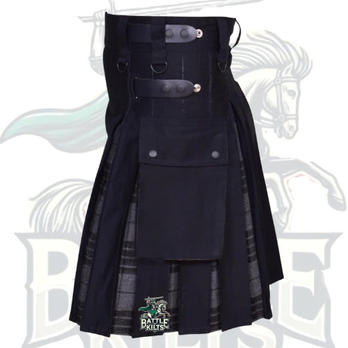Scottish Handmade Hybrid Utility Black Cotton & Grey Watch Tartan Kilt for Men – A Modern Warrior’s Choice by BattleOfKilts