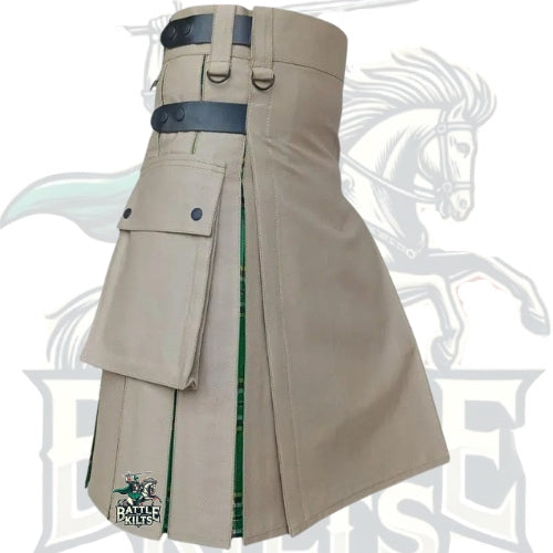 Khaki & Irish Green Hybrid Kilt for Men – Tactical Scottish Kilt with 4 Leather Straps | BattleOfKilts