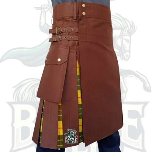Premium Brown with MacLeod of Lewis Tartan Hybrid Kilt – A Fusion of Strength and Heritage by BattleOfKilts