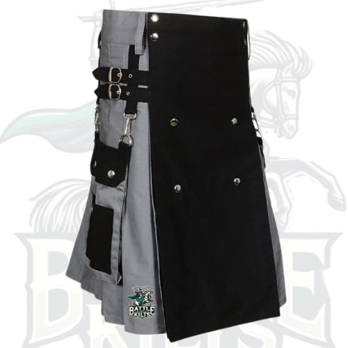 Grey & Black Two-Tone Utility Hybrid Kilt – Premium Scottish-Inspired Hybrid Wear