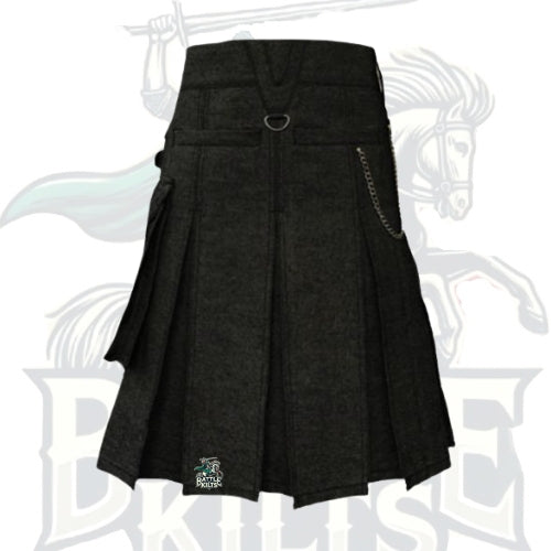 Men’s Black Denim Kilt with Silver Chain – Edgy Modern Style