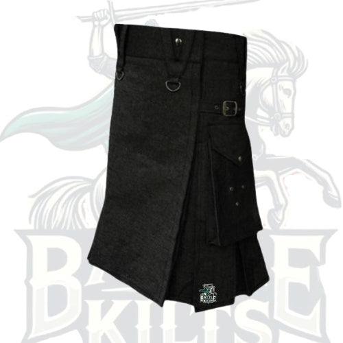 Men’s Black Denim Kilt with Silver Chain – Edgy Modern Style