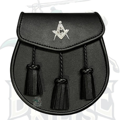 Men's Black Leather Masonic Badge Kilt Sporran – 3 Tassels with Chain Strap by BattleOfKilts