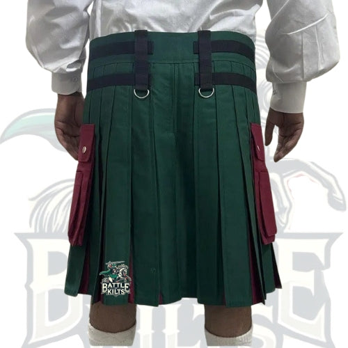 Hybrid Utility Kilt – Handmade Gothic Kilt for Men | Classic Green & Burgundy Design by BattleOfKilts