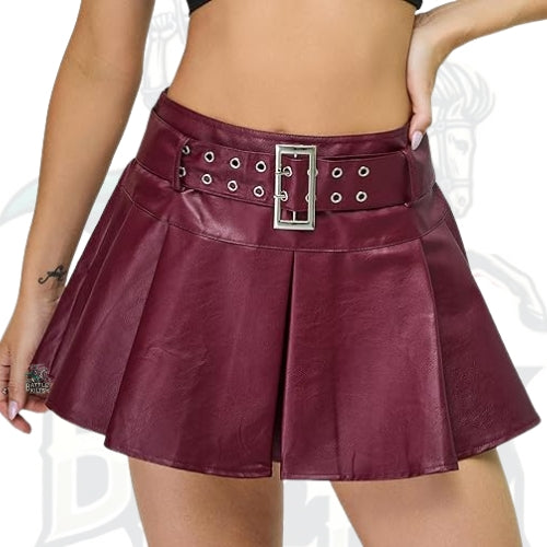 Buckle Belted High-Waisted Pleated Flare PU Faux Leather Short Goth Skirt for Women