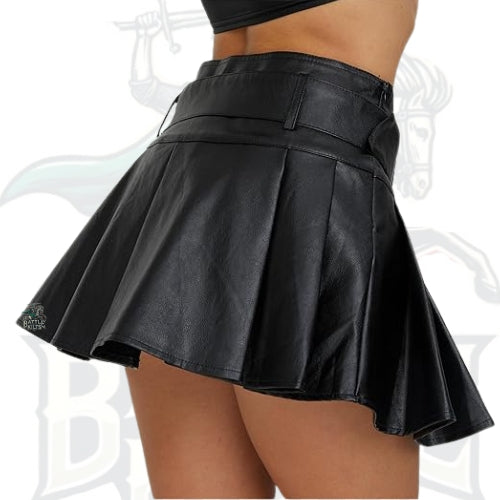 Buckle Belted High-Waisted Pleated Flare PU Faux Leather Short Goth Skirt for Women