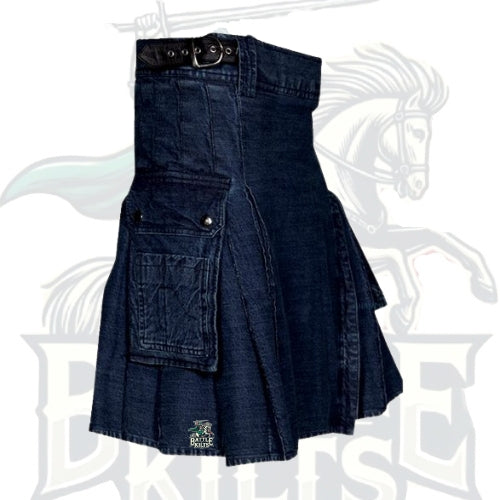 Men’s Indigo Denim Kilt with Buckle Straps – Stylish Utility Kilt
