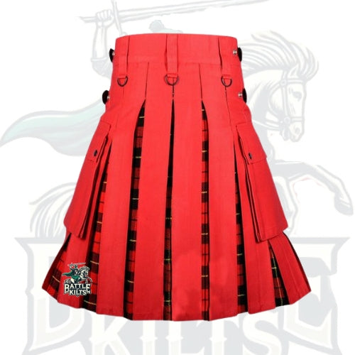 Red and Wallace Tartan Hybrid Kilt with Leather Straps – Bold, Stylish & Functional