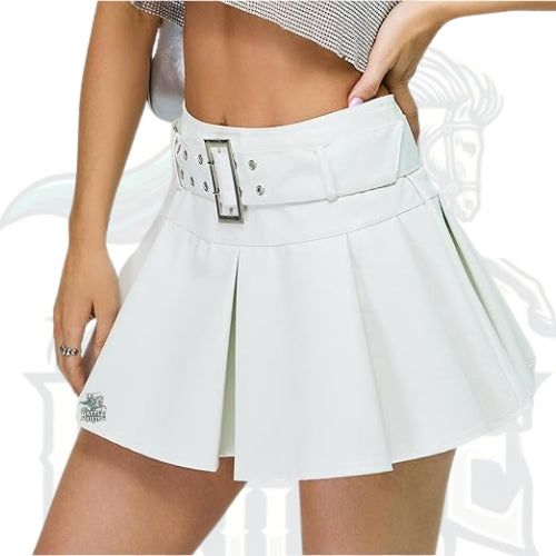 Buckle Belted High-Waisted Pleated Flare PU Faux Leather Short Goth Skirt for Women