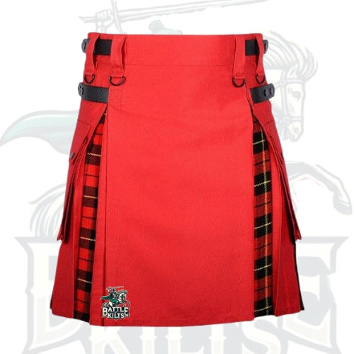 Red and Wallace Tartan Hybrid Kilt with Leather Straps – Bold, Stylish & Functional