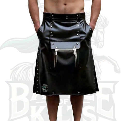 Men’s Black Leather Utility Kilt – Handmade Premium Styles