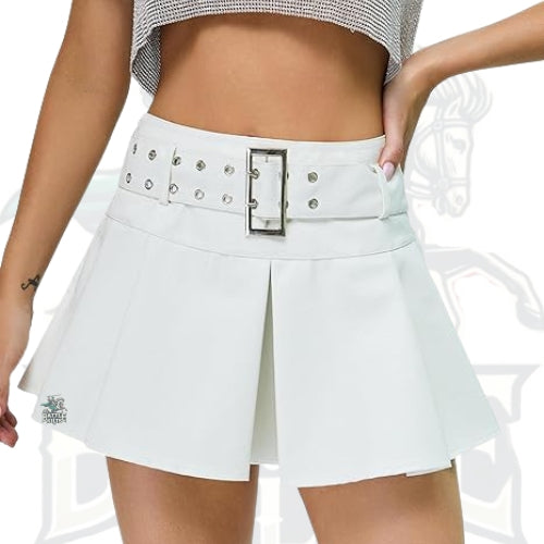 Buckle Belted High-Waisted Pleated Flare PU Faux Leather Short Goth Skirt for Women
