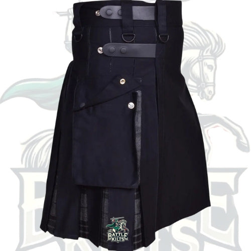Scottish Handmade Hybrid Utility Black Cotton & Grey Watch Tartan Kilt for Men – A Modern Warrior’s Choice by BattleOfKilts