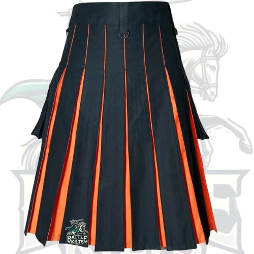 Scottish Black with Orange Hybrid Kilt – 4 Strap Design | Brand New Stitched Kilt by BattleOfKilts