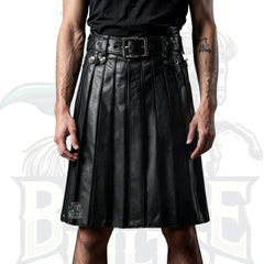 Handmade Gothic Black Leather Kilt – Genuine Pleated Leather Utility Kilt