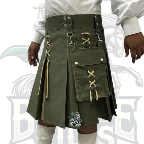Traditional Olive and Khaki Laces Kilt – Handmade Olive Kilt for Men | BattleOfKilts