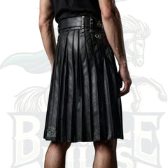 Handmade Gothic Black Leather Kilt – Genuine Pleated Leather Utility Kilt