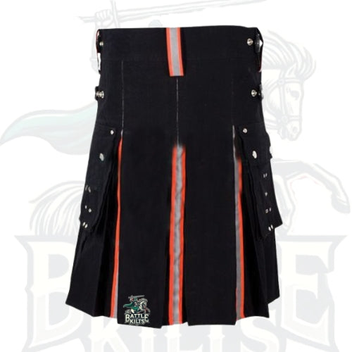 Modern Black Firefighter Kilt with Reflective Tape Pleats – Utility Kilt