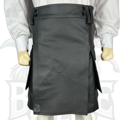 Black Leather Kilt for Men – Handmade Genuine Leather with Utility Pockets