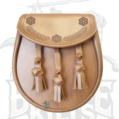 Norwood Sporran – Celtic Etched Brown Leather by BattleOfKilts