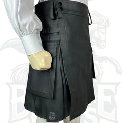 Black Leather Kilt for Men – Handmade Genuine Leather with Utility Pockets