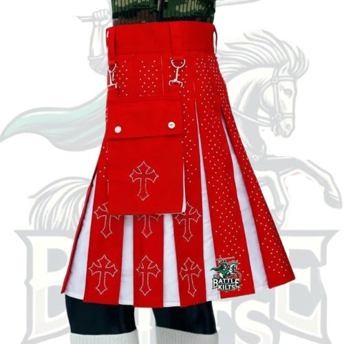 Christmas Kilt with Rhinestones Latin Cross – Red and White Kilt | Festive Scottish Style by BattleOfKilts